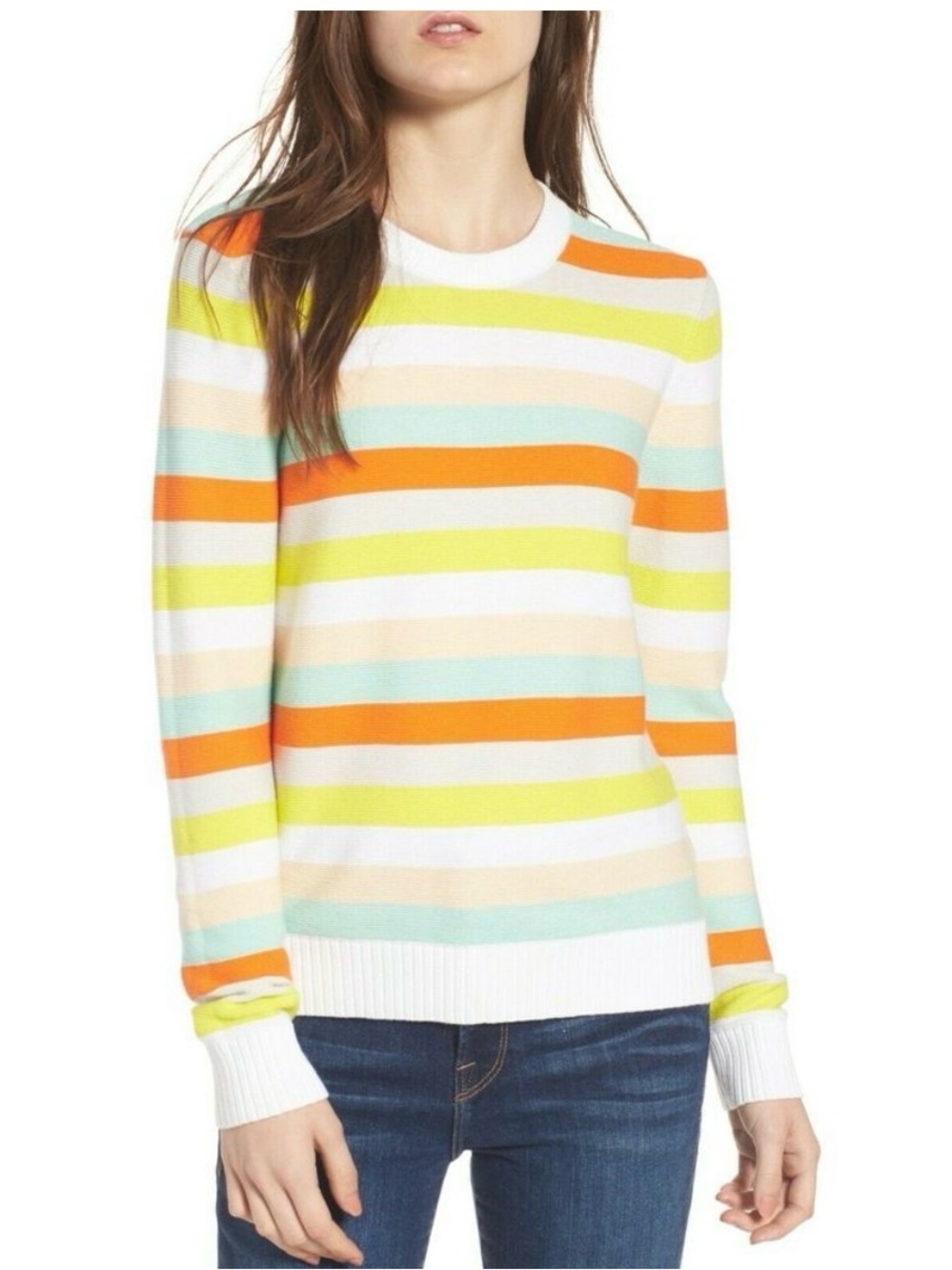 Rebecca Minkoff Striped Crewneck Sweater in White, Orange, Lime & Aqua